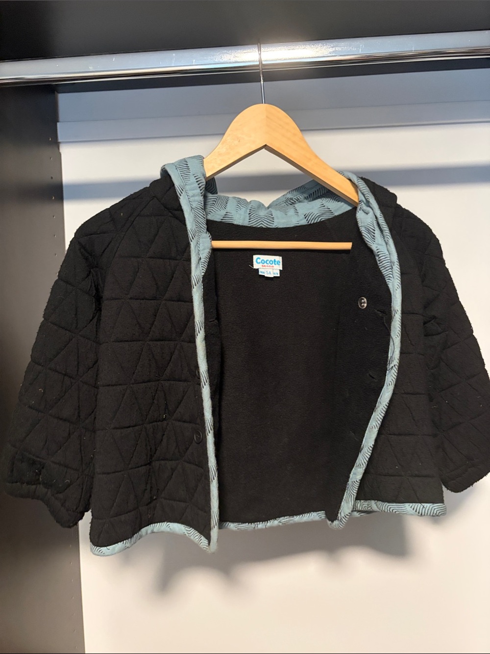 Black Quilted Toddler Puffer Jacket with Blue Trim
